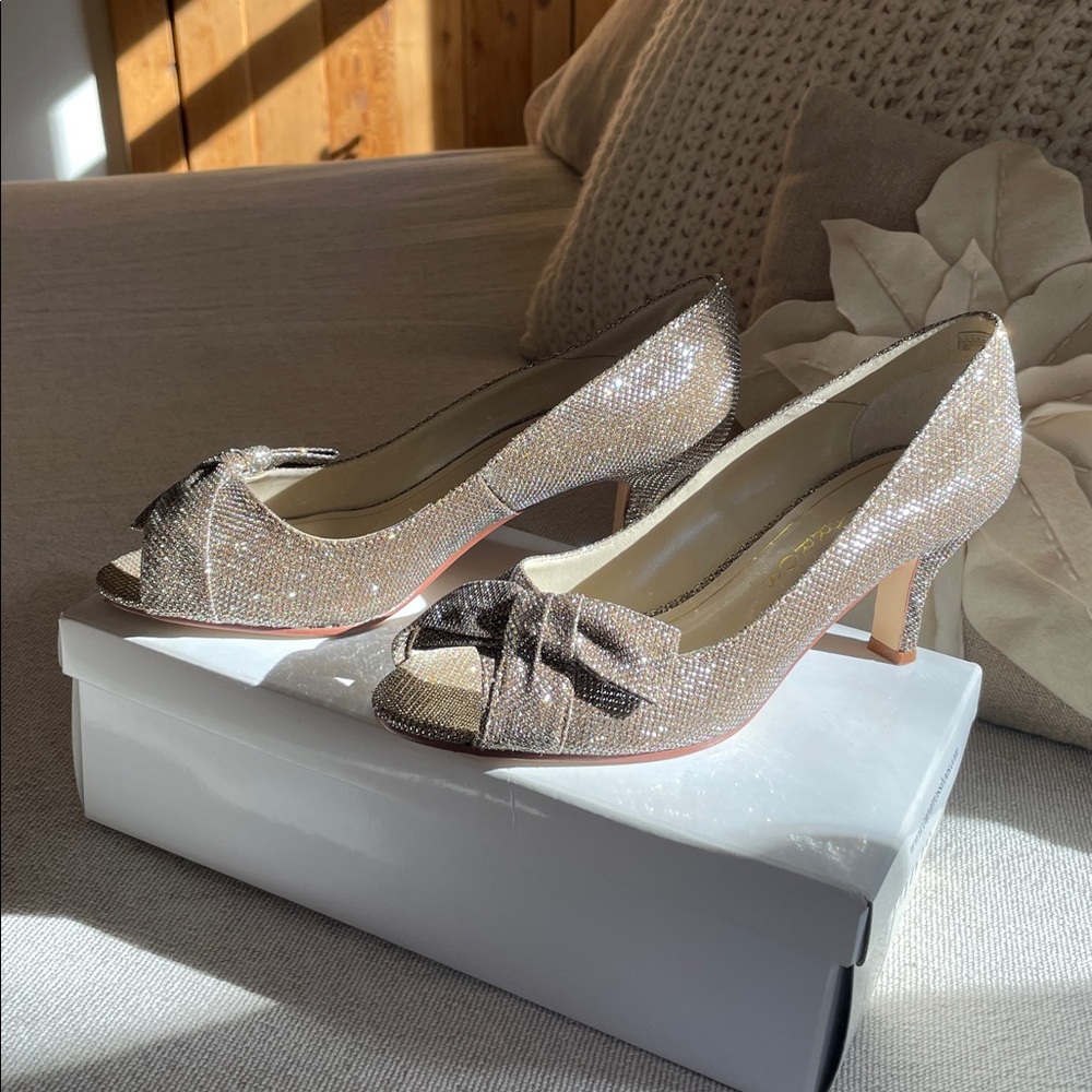 Caparros Champagne Sparkle Peep Toe Heels with Bow